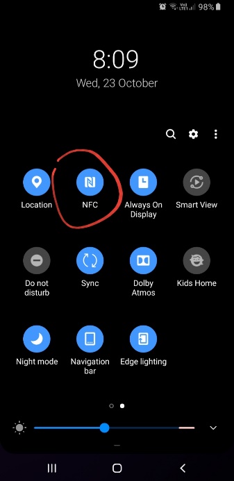 NFC option pull down menu