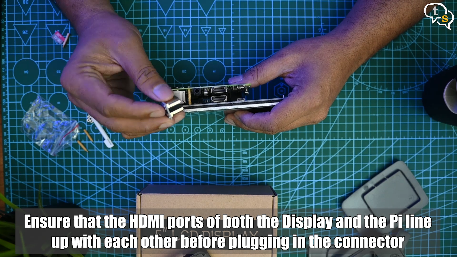 Connect HDMI to HDMI connector between Raspberry Pi and the 5 inch touchscreen display